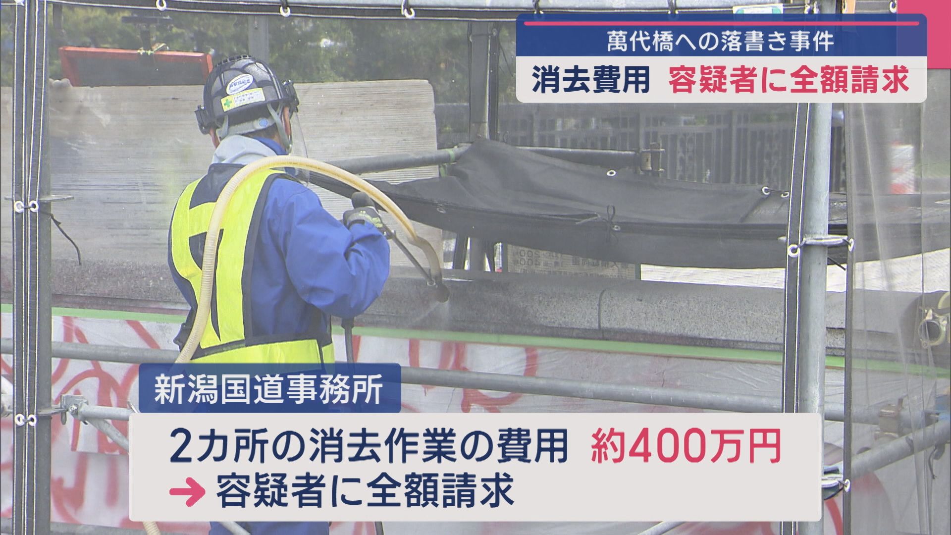 萬代橋への落書き事件：消す作業費用の約400万円を容疑者に全額請求【新潟】 2025年05月09日(金)
