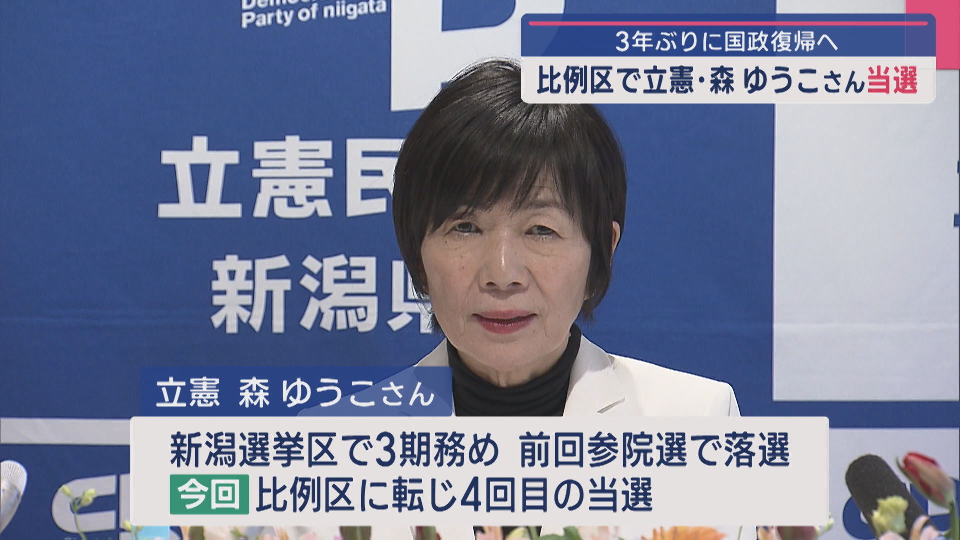 【参院選｜比例区】立憲・森ゆうこさん当選 3年ぶりに国政復帰へ【新潟】 2025年07月21日(月)