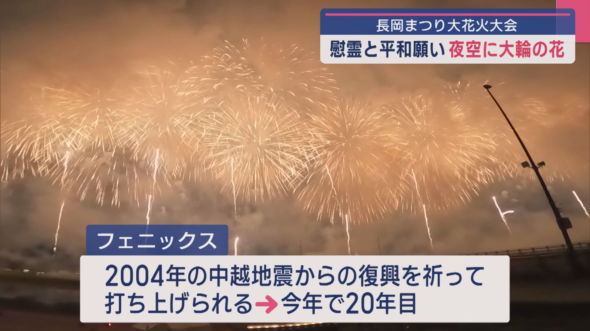 復興祈り今年で20年目〝フェニックス〟も打ち上げ「長岡まつり大花火大会」大輪の花が夜空に【新潟】