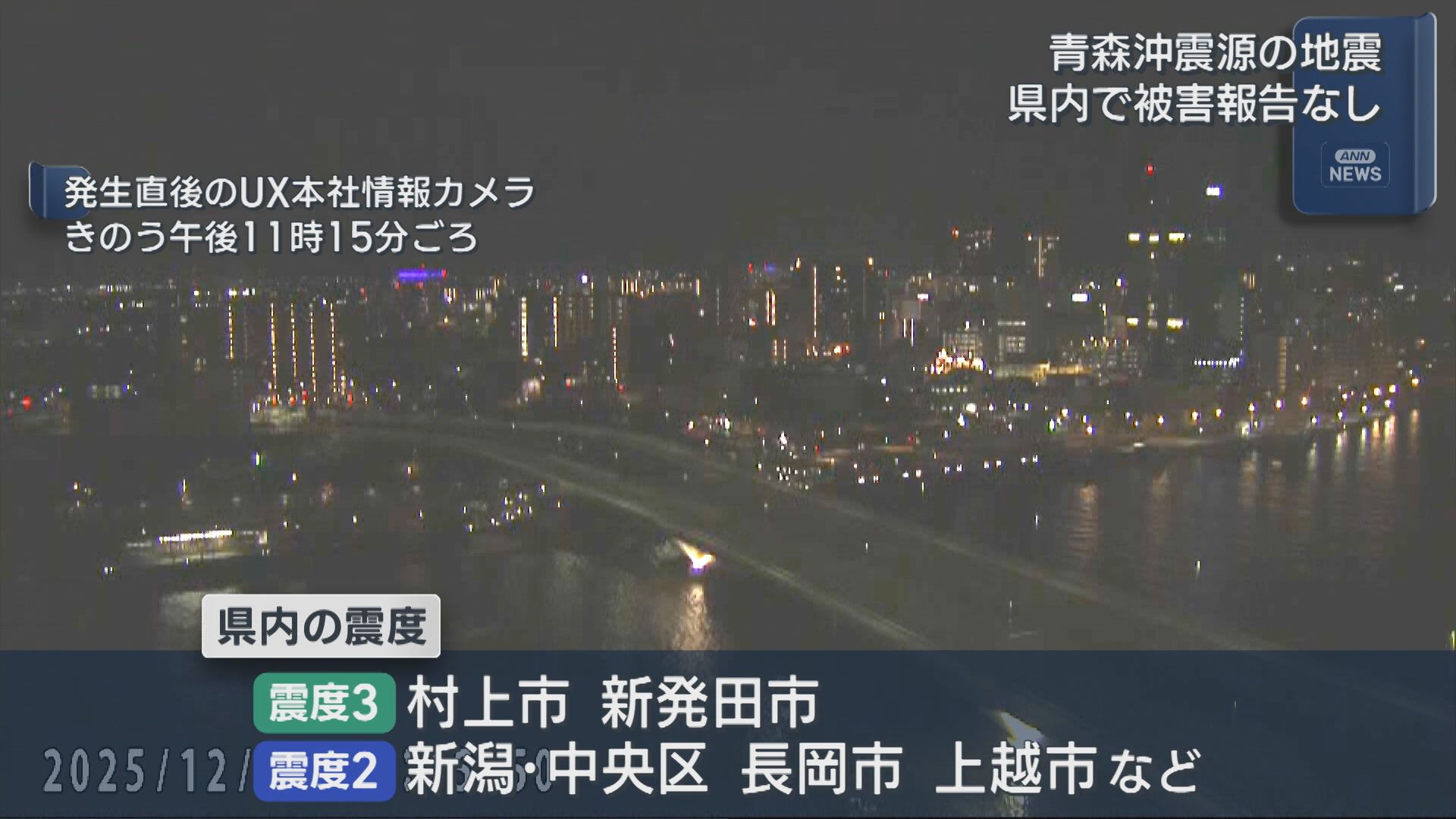 村上市･新発田市で震度3 県内の被害報告なし：青森県東方沖を震源とする地震【新潟】 2025年12月09日(火)