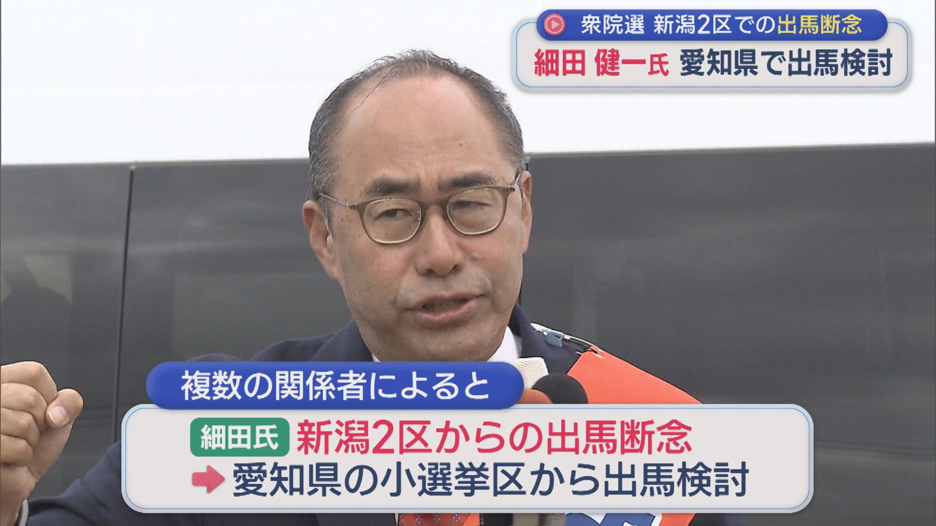 【衆院選】細田健一氏が新潟2区での出馬断念、ふるさと愛知県で出馬検討【新潟】 2026年01月09日(金)