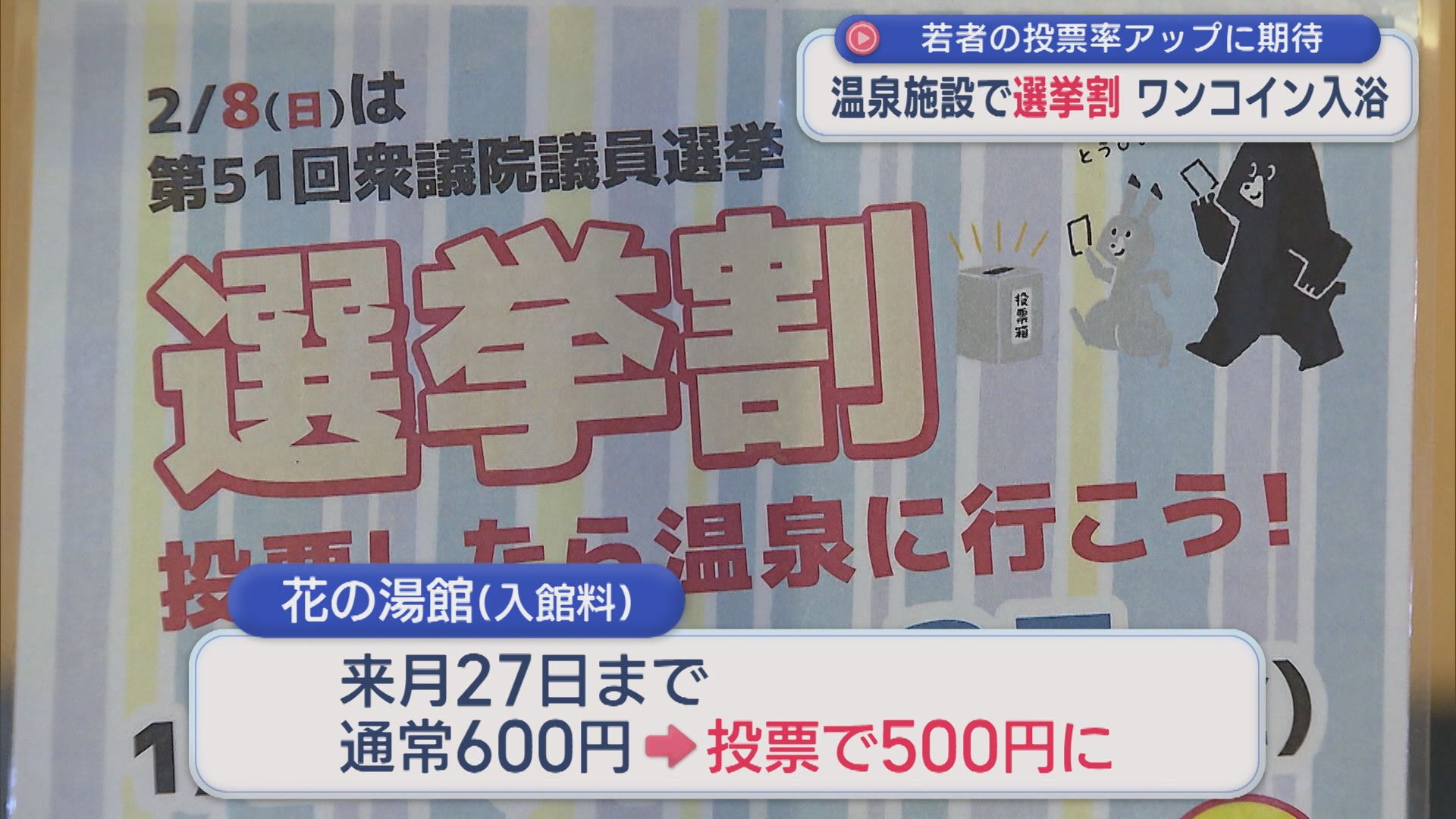 温泉施設で「選挙割」ワンコイン入浴で若者の投票率アップに期待【新潟】 2026年01月28日(水)