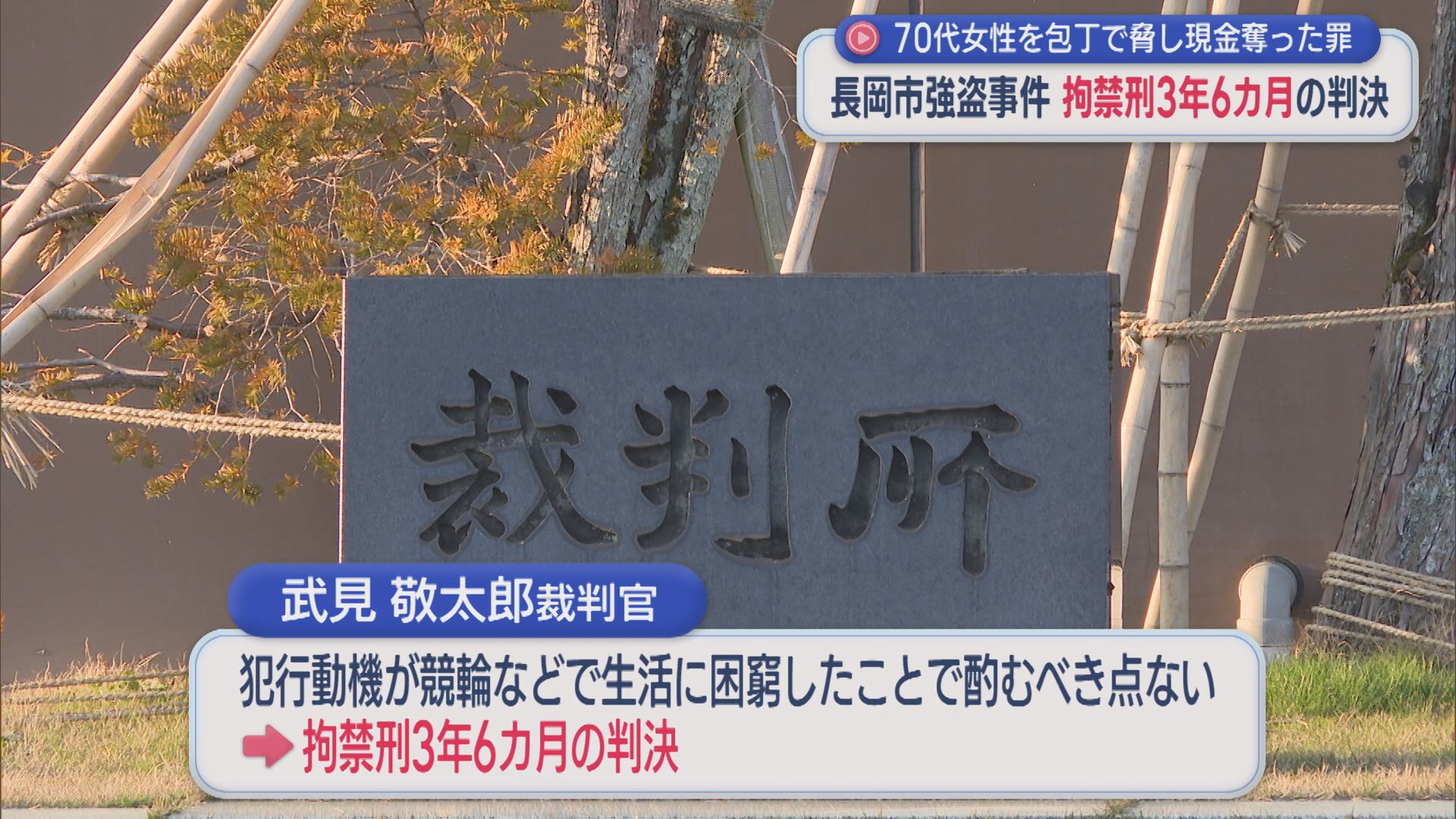 【長岡市強盗事件】70代女性から現金4万円を奪った罪 76歳男に拘禁刑3年6カ月の判決【新潟】